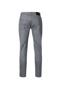 Gray trousers with a smooth texture, slim fit, two back pockets, and a black waistband accent. No front pockets visible.