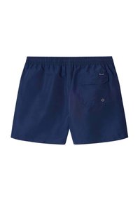 Pantaloni da bagno blu navy realizzati in tessuto leggero, dotati di una cintura elastica e di una tasca sul retro con chiusura a bottone.