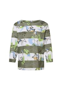 Grün-weißer, gestreifter Oberteil mit 3/4-Ärmeln, das Sternmuster und abstrakte Designs zeigt. Hergestellt aus weichem, strukturiertem Stoff.