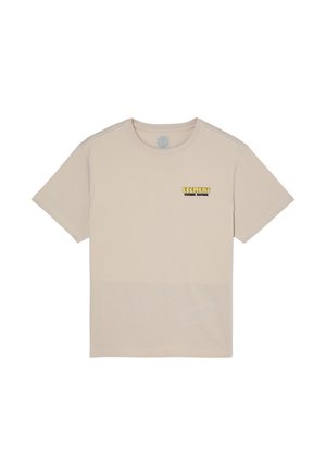 T-shirt beige a maniche corte con collo rotondo e piccolo logo giallo e nero "Element Future Nature" sul petto sinistro.