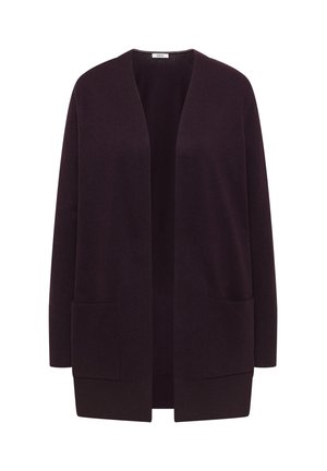 Cardigan de color púrpura oscuro, abierto por delante, con mangas largas y dos bolsillos frontales, presentado sobre un fondo blanco.