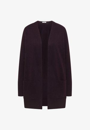 Dark purple open-front cardigan with long sleeves and two front pockets, displayed on a white background.