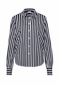 Navy and white striped long-sleeve shirt featuring a button-up front and a collar. Accented with striped cuffs and a slightly curved hem.