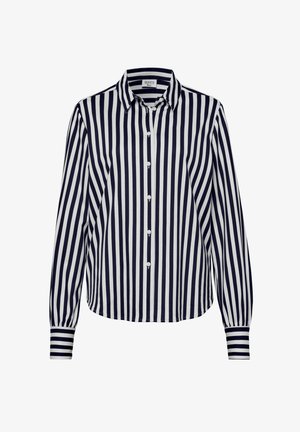 Langärmliges, navy- und weißgestreiftes Hemd mit Knopfleiste und Kragen. Verziert mit gestreiften Manschetten und einem leicht abgerundeten Saum.
