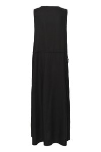 Robe midi noire sans manches avec un col rond et une taille cintrée, vue de dos sur fond blanc.
