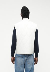 Asmuo su dreadlookais, dėvintis baltą siuvinėtą liemenę ant juodo ilgomis rankovėmis marškinėlio ir mėlynų džinsų, stovintis nugara į kamerą.