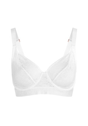 Hvid blonde-bh med et delikat blomstermønster, bløde skåle, justerbare stropper og et glat bånd med prægede detaljer.