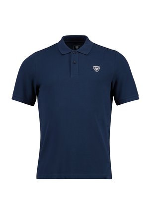 Marineblaues Poloshirt aus strukturiertem Stoff mit einer Knopfleiste und einem Logo auf der linken Brust. Kurzärmlig mit gerippten Bündchen.