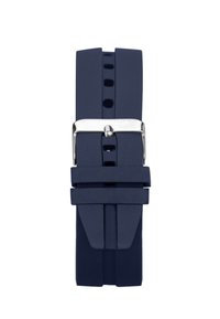 Navy blue silicone watch strap with a silver metal buckle. Features multiple adjustment holes and a smooth texture. Simple design.