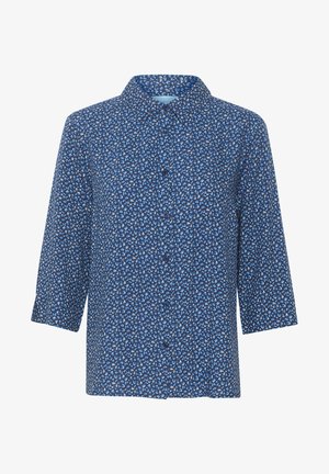 Blauwe overhem shirt met kraag. Heeft een bloemenpatroon in lichter blauw en wit. Gemaakt van lichte stof, met driekwart mouwen.