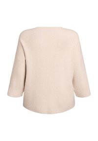 Béžový pletený sveter s textúrovaným rebrovaným vzorom, trojštvrťovými rukávmi a okrúhlym výstrihom, s voľným strihom a zakriveným lemom.