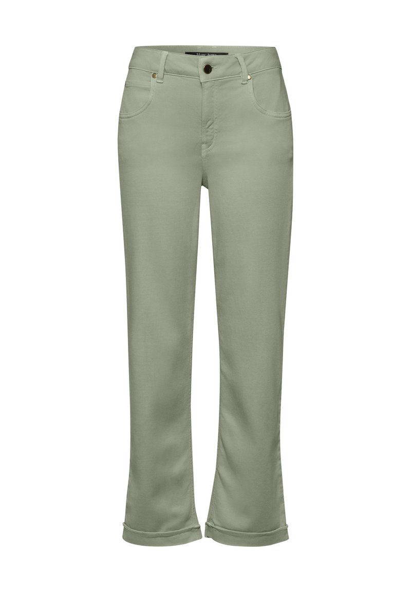 Light green flared pants with a smooth texture, five pockets, and a cuffed hem. Features gold-tone hardware at the waist and pockets.