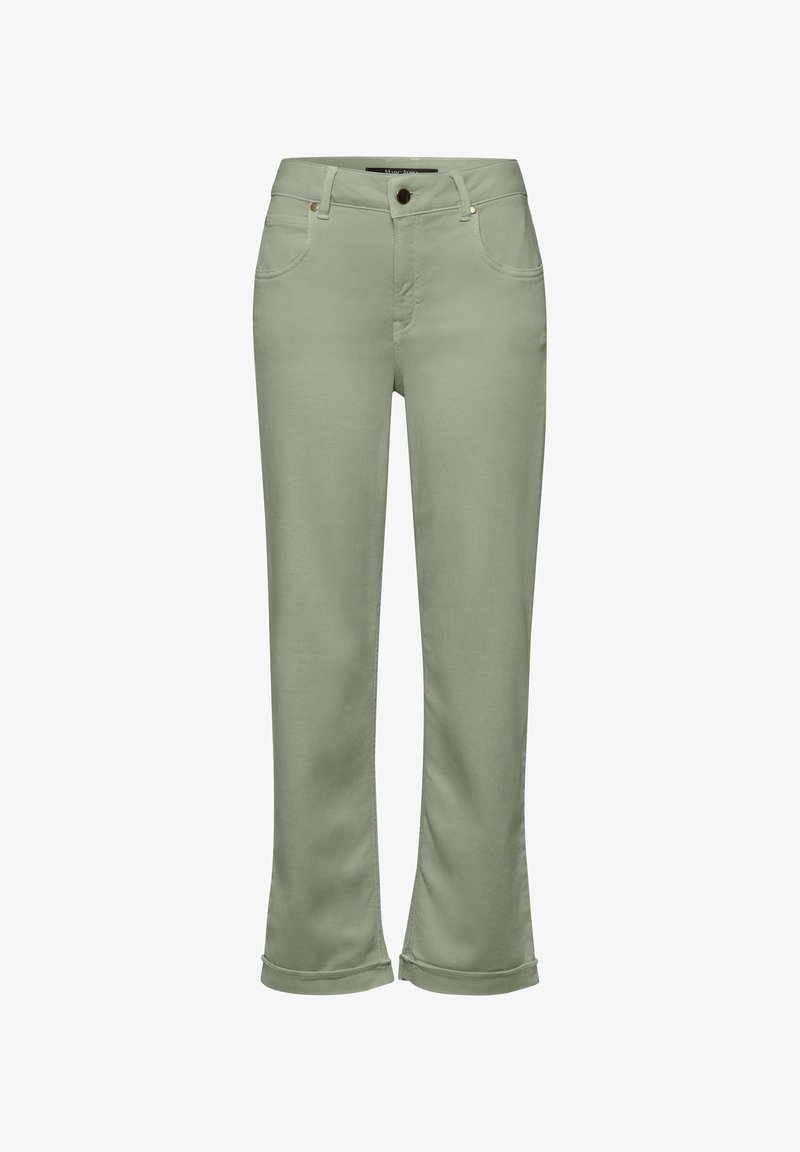 Light green flared pants with a smooth texture, five pockets, and a cuffed hem. Features gold-tone hardware at the waist and pockets.