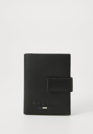 Black leather wallet with a rectangular shape, featuring a snap closure and embossed brand name. Smooth texture and minimalistic design.
