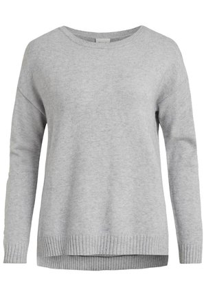 Pull en maille gris clair à manches longues avec poignets et ourlet côtelés, col rond et coupe décontractée.
