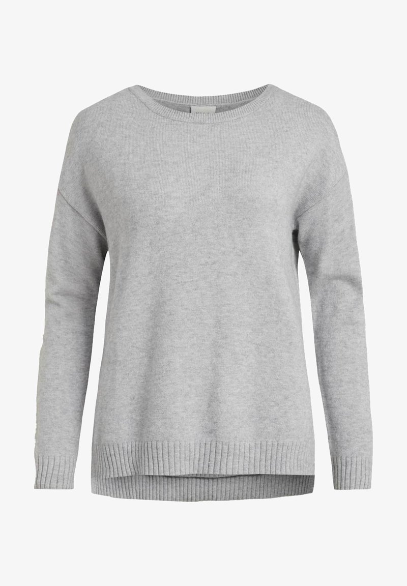 Pull en maille gris clair à manches longues avec poignets et ourlet côtelés, col rond et coupe décontractée.