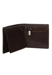 Portefeuille en cuir brun avec un design pliable, plusieurs emplacements pour cartes, une poche à pièces zippée et un détail de logo en relief. Texture lisse sur l'ensemble.