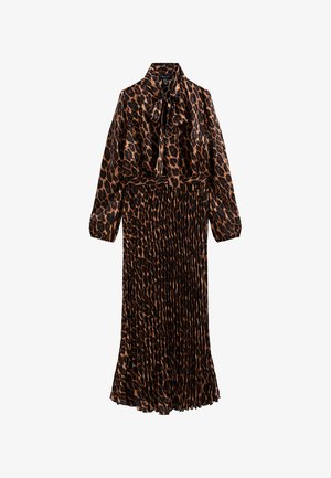 Abito lungo e plissettato con motivo leopardato. Realizzato in tessuto leggero, presenta un collo con laccetto e maniche lunghe in tonalità di marrone e nero.