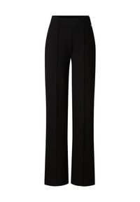 Schwarze, weit geschnittene Hose aus glattem Stoff, mit sauberem Bund, vertikalen Nähten und ohne sichtbare Beschläge oder Muster.