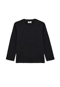 Schwarzes Langarmshirt aus strukturiertem Stoff mit Rundhalsausschnitt und gerippten Ärmeln, mit geradem Saum.