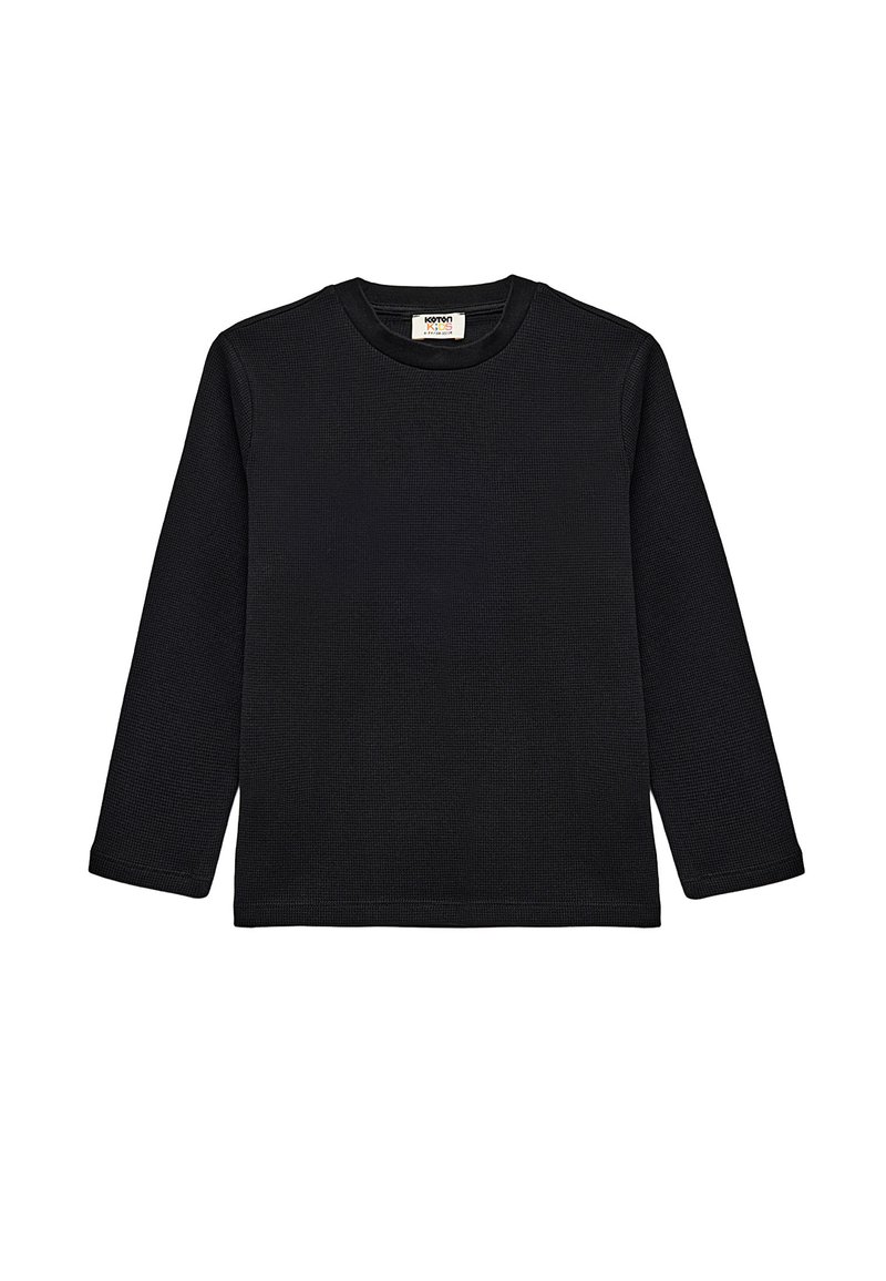 Schwarzes Langarmshirt aus strukturiertem Stoff mit Rundhalsausschnitt und gerippten Ärmeln, mit geradem Saum.