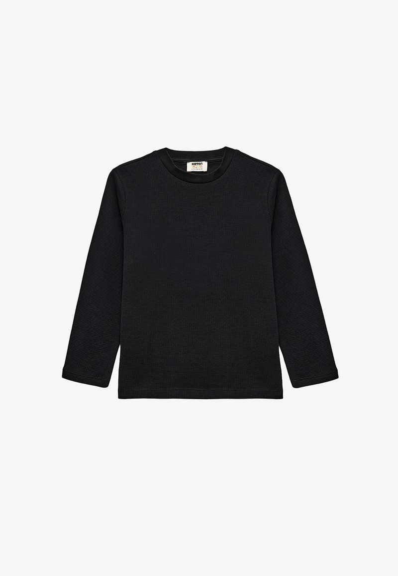 Schwarzes Langarmshirt aus strukturiertem Stoff mit Rundhalsausschnitt und gerippten Ärmeln, mit geradem Saum.