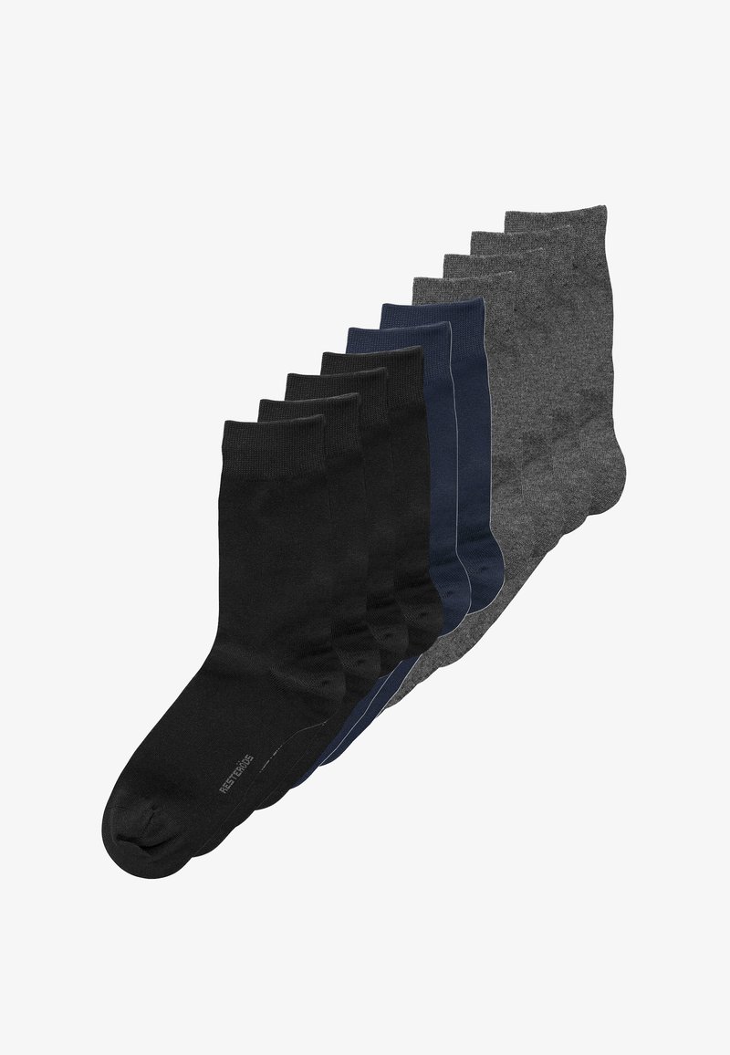 Set aus acht Paar Socken in Schwarz, Dunkelblau und Grau. Strickmaterial, Knöchelhöhe, mit glatter Textur und verstärktem Zehenbereich.