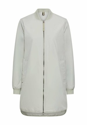 Hellgraue Bomberjacke mit einem Frontreißverschluss, Seitentaschen, gerippten Bündchen und einer glatten, leicht glänzenden Textur.