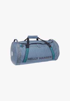Jasnoniebieska torba typu duffel marki Helly Hansen z czarnymi i turkusowymi paskami, zamkiem błyskawicznym i wyściełanym uchwytem na białym tle.