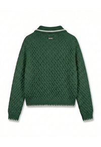 Zelený sveter so vzorom pletenia káblom s rebrovaným golierom, manžetami a lemom s bielymi prúžkami, zobrazený zozadu.