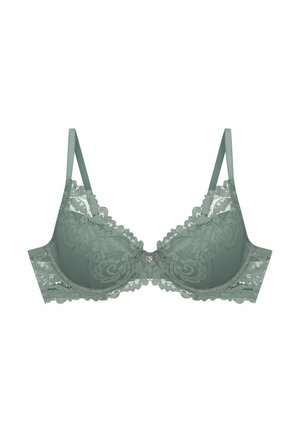 Lace bra in muted green with floral patterns, underwire support, and adjustable straps. Features a small heart-shaped charm at the center.