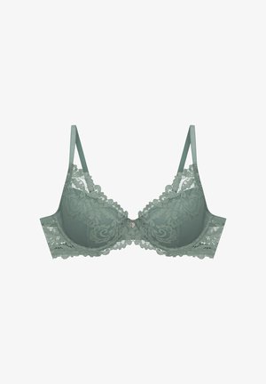 Koronkowy biustonosz w stonowanej zieleni z kwiatowymi wzorami, z fiszbinami dla wsparcia oraz regulowanymi ramiączkami. Posiada mały, serduszkowy charms na środku.