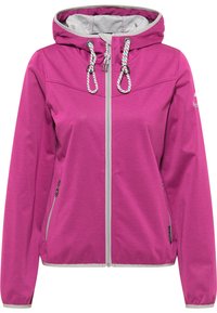 Jachetă cu glugă fucsia, cu accente gri, cu fermoar la față, închidere cu șnur și manșete elastice. Are două buzunare laterale.