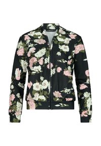 Giacca bomber floreale nera con fiori rosa e verdi. Presenta una chiusura con zip, polsini a costine e orlo elastico per una forma aderente.
