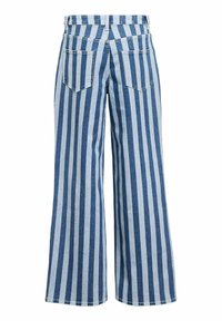 Jean denim à jambes larges à rayures verticales bleues et blanches, avec deux poches arrière et passants pour ceinture, vu de dos sur un fond blanc.