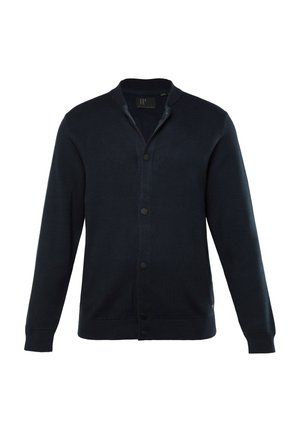 Marineblauer Cardigan aus Strickstoff, mit einer Knopfleiste vorne, gerippten Bündchen und einem kragenlosen Design. Centrierte Nähte und subtile Textur.