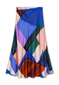 Kleurvolle A-lijn rok met een patroon van grote, onregelmatige geometrische vormen in paarse, blauwe, groene, perzik- en donkerbruine tinten. Gladde stof.