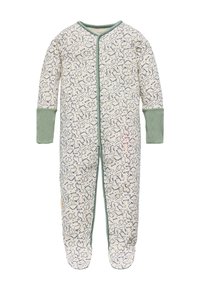 Monosie beige con estampado de dinosaurios, de mangas largas, con puños verdes y cierre frontal. Fabricado en suave y elástico material de algodón.