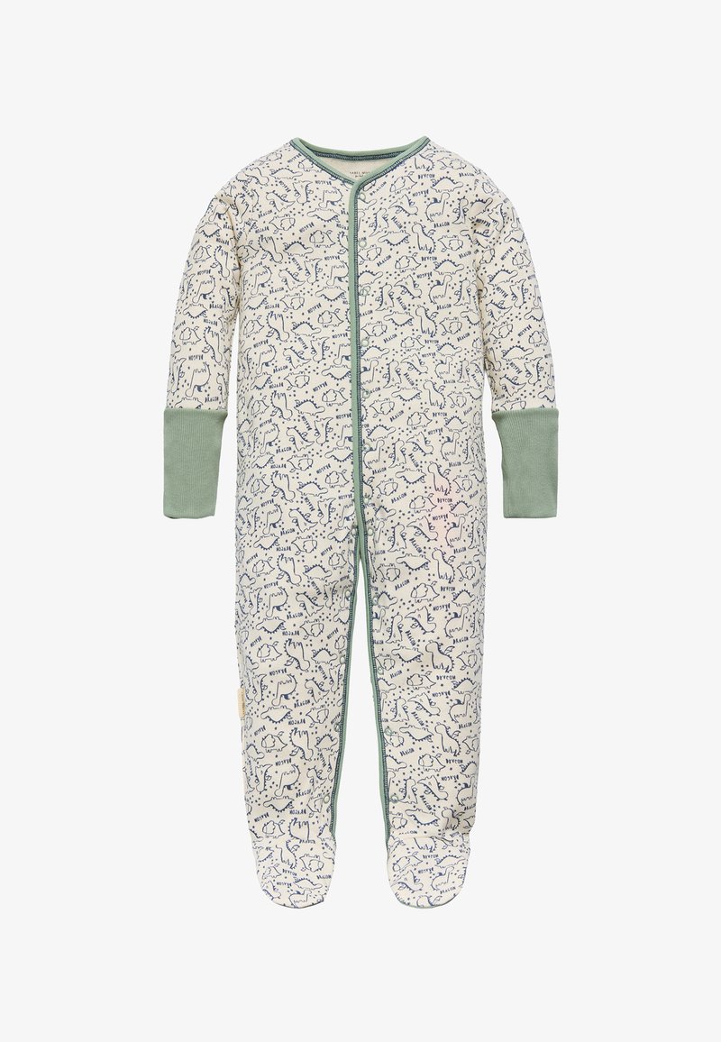 Monosie beige con estampado de dinosaurios, de mangas largas, con puños verdes y cierre frontal. Fabricado en suave y elástico material de algodón.