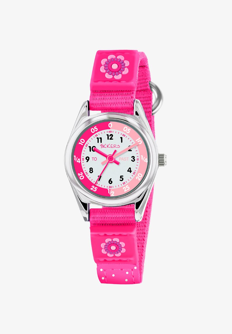 Montre enfant rose avec boîtier en acier inoxydable, cadran blanc, accents roses et un bracelet rose texturé avec un motif de fleur et des pois.
