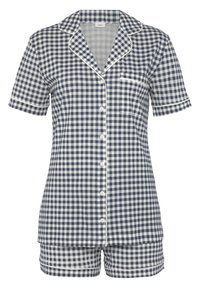 Navy en witte geruite short pyjama set met een collared top, een voorklep en witte piping op de mouwen en zoom.