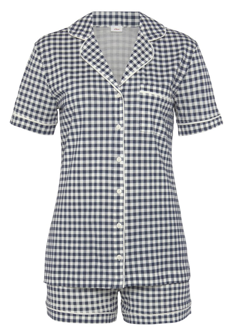 Navy en witte geruite short pyjama set met een collared top, een voorklep en witte piping op de mouwen en zoom.