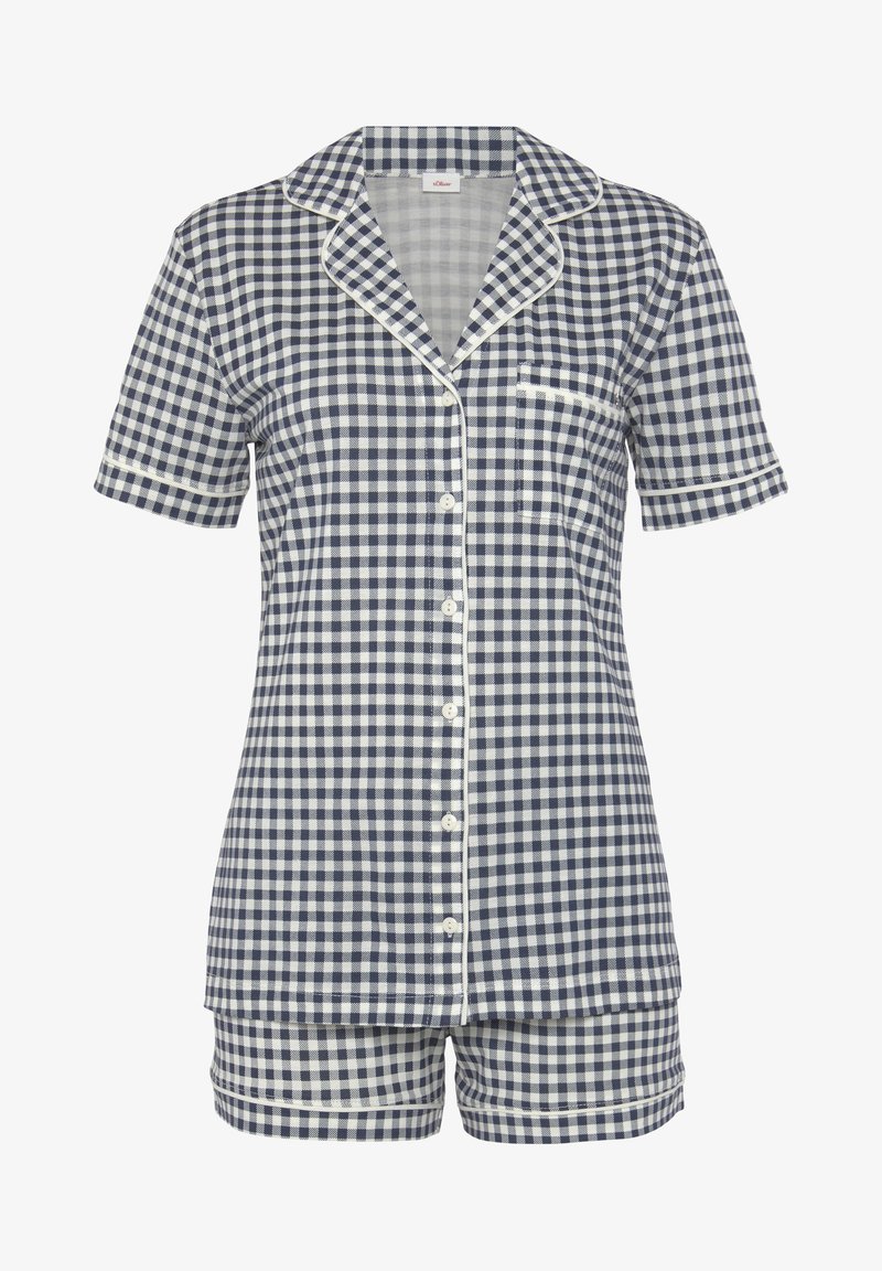 Ensemble de pyjama court à carreaux vichy bleu marine et blanc comprenant un haut avec col, une poche sur le devant et un piping blanc sur les manches et l'ourlet.