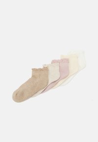 Set of five pairs of ankle socks in beige, light gray, soft pink, off-white, and white. Features a scalloped top edge and a soft texture.