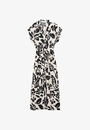 Beige maxi dress with black floral pattern, short sleeves, collar, button front, and matching fabric belt at the waist.