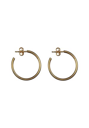 Pendientes de aro de oro con un acabado liso y brillante. Forma circular con un cierre seguro, que presenta un diseño delgado y aerodinámico.
