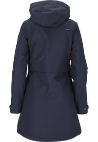 Merenneito vedenpitävä takki hupulla, vyötäröltä kiristetty, suoralla leikkauksella ja napitettuina hihansuissa. Suora pinta, jossa minimaalinen brändäys.