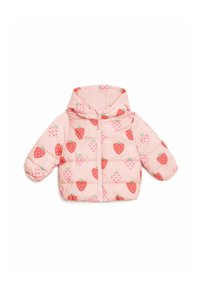 Roze pufferjack met een capuchon, voorzien van een aardbeienpatroon in rood en groen. Zacht materiaal, ritssluiting aan de voorkant en elastische manchetten.