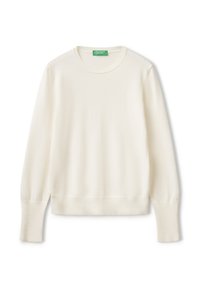 Helles cremefarbenes Langarmpullover aus weichem Stoff, runder Halsausschnitt, gerippte Bündchen und Saum. Einfaches, minimalistisches Design ohne Muster.