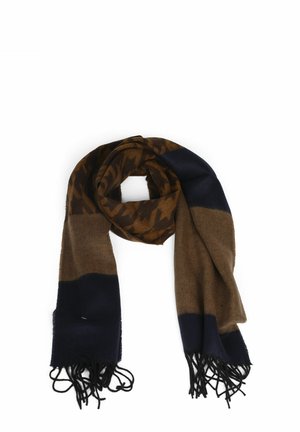 Gewebter Wollschal mit braunen und marineblauen Farbblöcken, der ein geometrisches Muster aufweist und fransige Kanten für zusätzliche Textur hat.